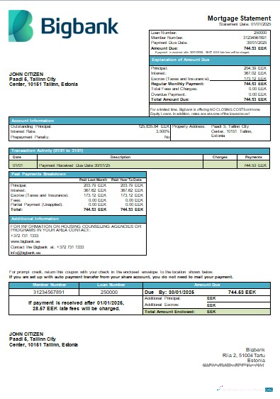 Download Estonia Bigbank bank mortgage statement scr Photoshop template